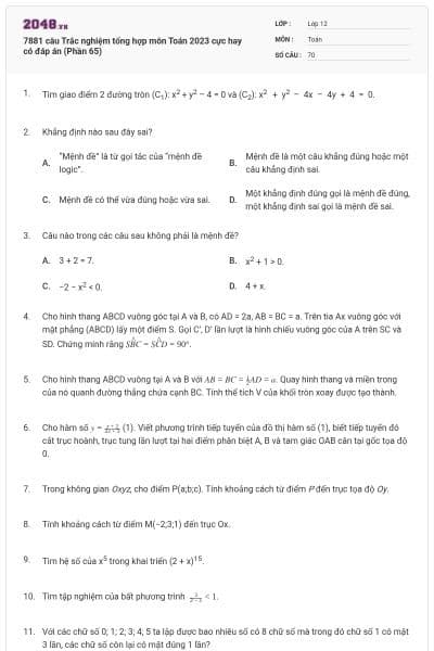 7881 câu Trắc nghiệm tổng hợp môn Toán 2023 cực hay có đáp án (Phần 65)