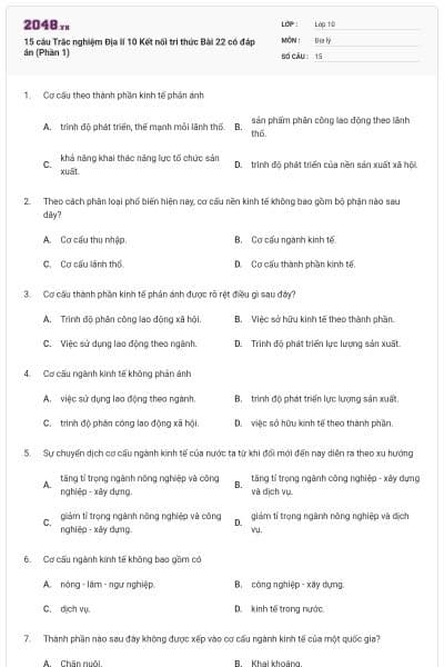 15 câu Trắc nghiệm Địa lí 10 Kết nối tri thức Bài 22 có đáp án (Phần 1)