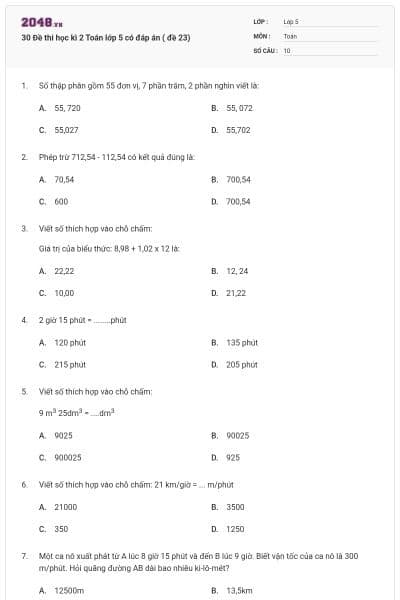 30 Đề thi học kì 2 Toán lớp 5 có đáp án ( đề 23)