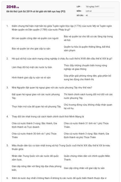 Đề thi thử Lịch Sử 2019 có lời giải chi tiết cực hay (P3)