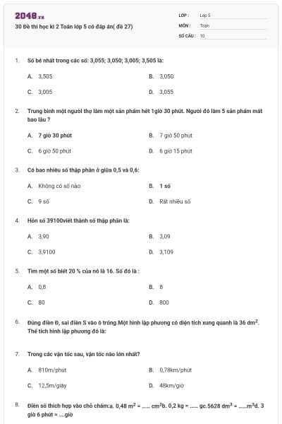 30 Đề thi học kì 2 Toán lớp 5 có đáp án( đề 27)