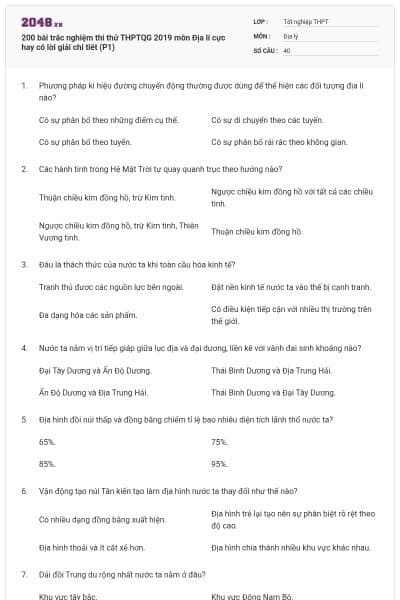 200 bài trắc nghiệm thi thử THPTQG 2019 môn Địa lí cực hay có lời giải chi tiêt (P1)