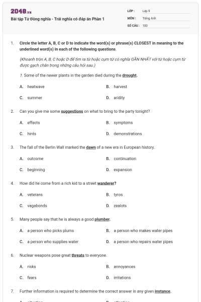 Bài tập Từ Đồng nghĩa - Trái nghĩa có đáp án Phần 1