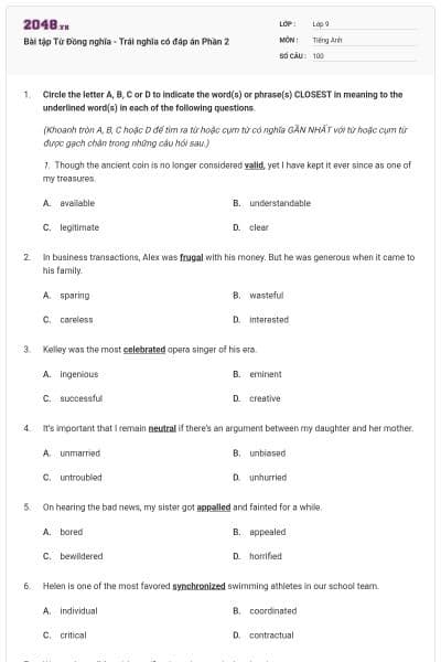 Bài tập Từ Đồng nghĩa - Trái nghĩa có đáp án Phần 2