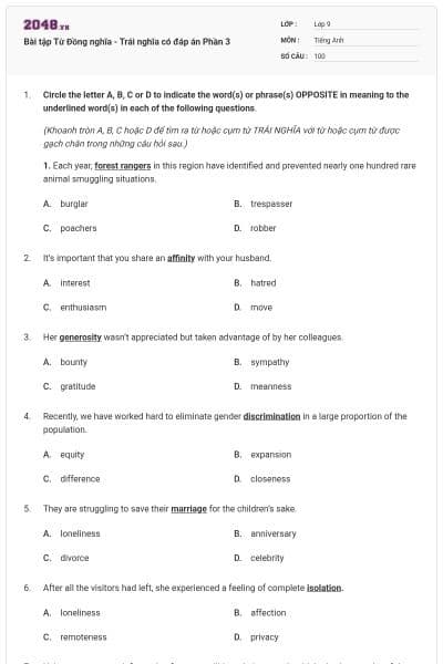 Bài tập Từ Đồng nghĩa - Trái nghĩa có đáp án Phần 3