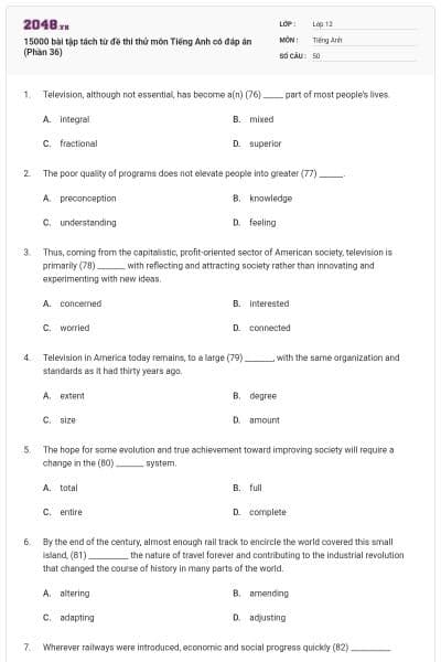15000 bài tập tách từ đề thi thử môn Tiếng Anh có đáp án (Phần 36)