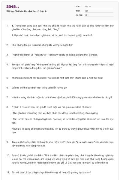 Bài tập Chữ bầu lên nhà thơ có đáp án