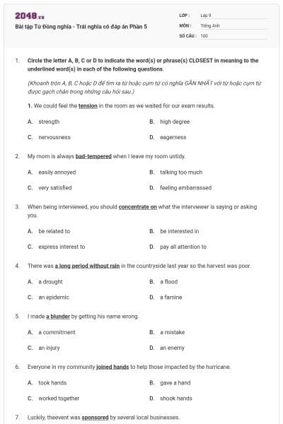 Bài tập Từ Đồng nghĩa - Trái nghĩa có đáp án Phần 5