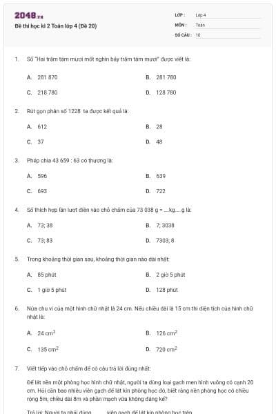 Đề thi học kì 2 Toán lớp 4 (Đề 20)