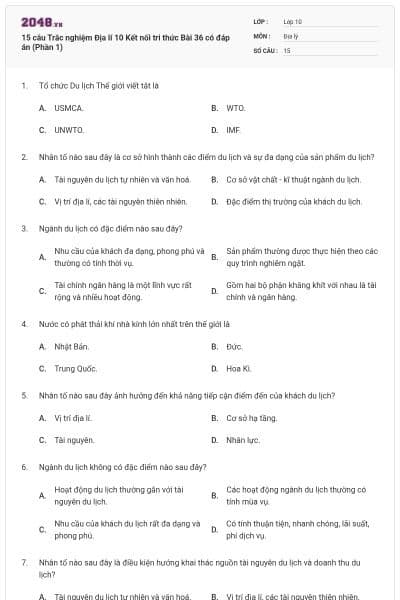 15 câu Trắc nghiệm Địa lí 10 Kết nối tri thức Bài 36 có đáp án (Phần 1)