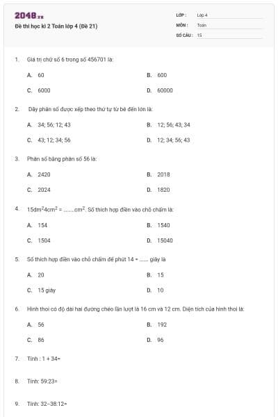 Đề thi học kì 2 Toán lớp 4 (Đề 21)