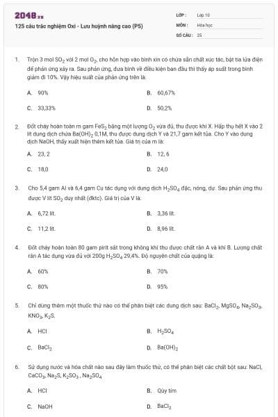 125 câu trắc nghiệm Oxi - Lưu huỳnh nâng cao (P5)
