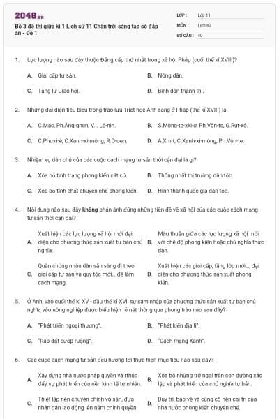 Bộ 3 đề thi giữa kì 1 Lịch sử 11 Chân trời sáng tạo có đáp án - Đề 1