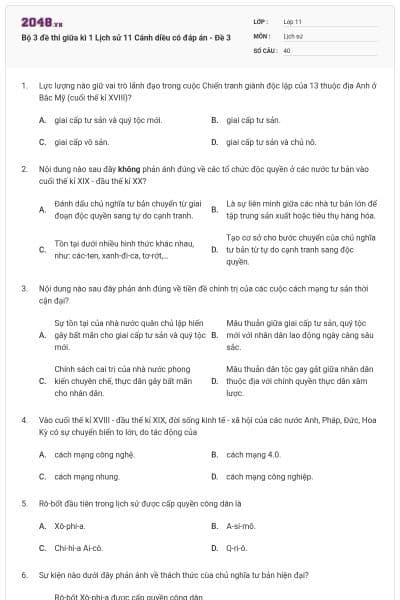 Bộ 3 đề thi giữa kì 1 Lịch sử 11 Cánh diều có đáp án - Đề 3