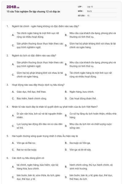 15 câu Trắc nghiệm Ôn tập chương 12 có đáp án