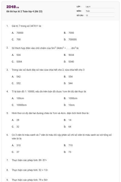 Đề thi học kì 2 Toán lớp 4 (Đề 23)