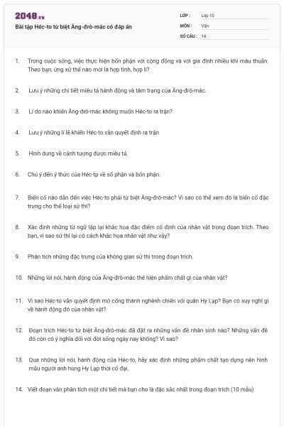 Bài tập Héc-to từ biệt Ăng-đrô-mác có đáp án