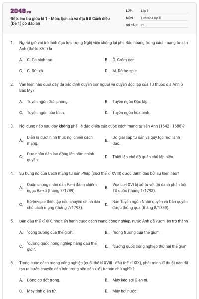 Đề kiểm tra giữa kì 1 - Môn: lịch sử và địa lí 8 Cánh diều (Đề 1) có đáp án