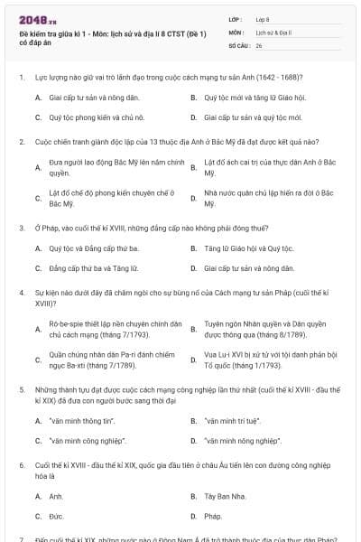 Đề kiểm tra giữa kì 1 - Môn: lịch sử và địa lí 8 CTST (Đề 1) có đáp án