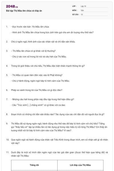 Bài tập Thị Mầu lên chùa có đáp án