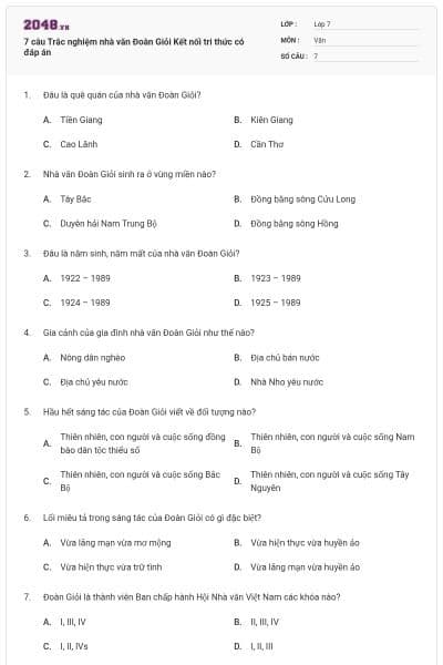 7 câu Trắc nghiệm nhà văn Đoàn Giỏi Kết nối tri thức có đáp án