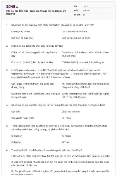 283 Bài tập Tiến Hóa - Sinh học 12 cực hay có lời giải chi tiết (P1)