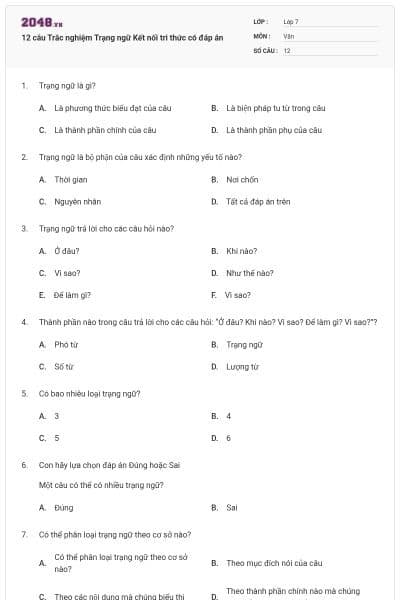 12 câu Trắc nghiệm Trạng ngữ Kết nối tri thức có đáp án