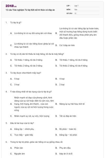 12 câu Trắc nghiệm Từ láy Kết nối tri thức có đáp án