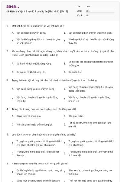 Đề kiểm tra Vật lí 8 học kì 1 có đáp án (Mới nhất) (Đề 12)