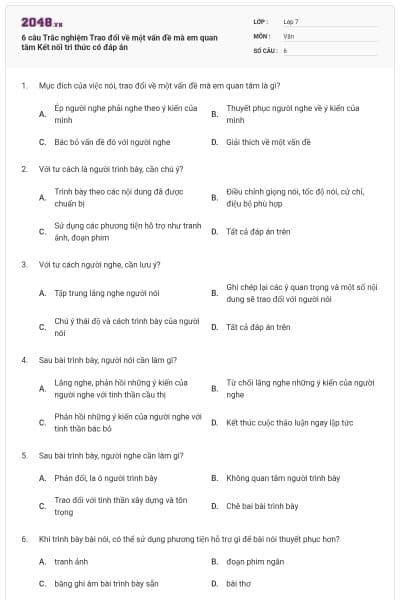 6 câu Trắc nghiệm Trao đổi về một vấn đề mà em quan tâm Kết nối tri thức có đáp án