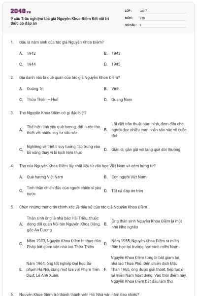 9 câu Trắc nghiệm tác giả Nguyễn Khoa Điềm Kết nối tri thức có đáp án