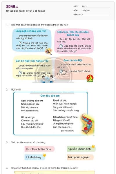 Ôn tập giữa học kì 1: Tiết 2 có đáp án