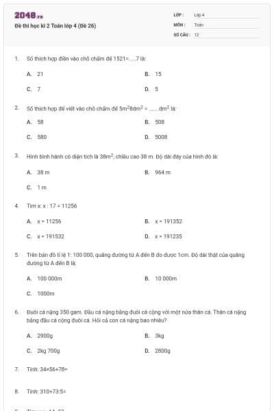 Đề thi học kì 2 Toán lớp 4 (Đề 26)