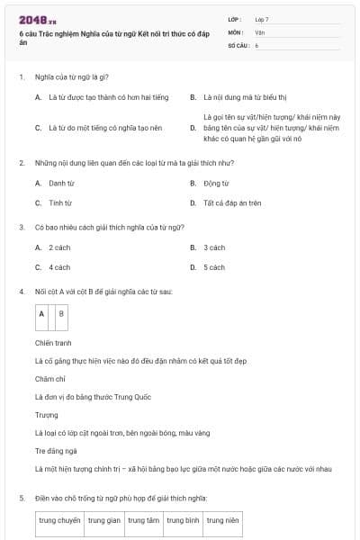 6 câu Trắc nghiệm Nghĩa của từ ngữ Kết nối tri thức có đáp án