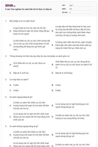 9 câu Trắc nghiệm So sánh Kết nối tri thức có đáp án