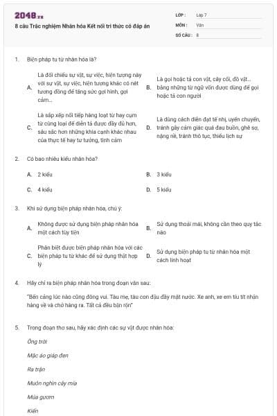 8 câu Trắc nghiệm Nhân hóa Kết nối tri thức có đáp án