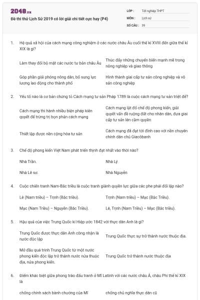 Đề thi thử Lịch Sử 2019 có lời giải chi tiết cực hay (P4)