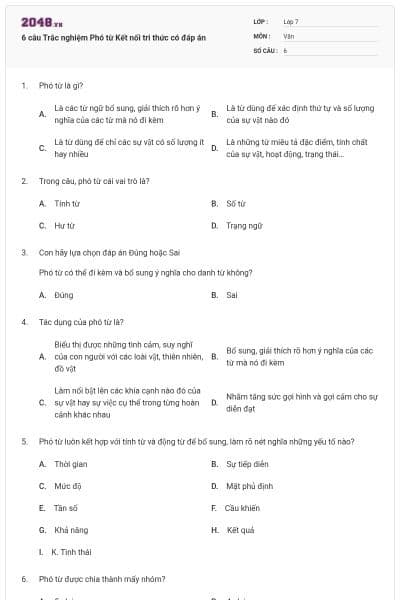 6 câu Trắc nghiệm Phó từ Kết nối tri thức có đáp án