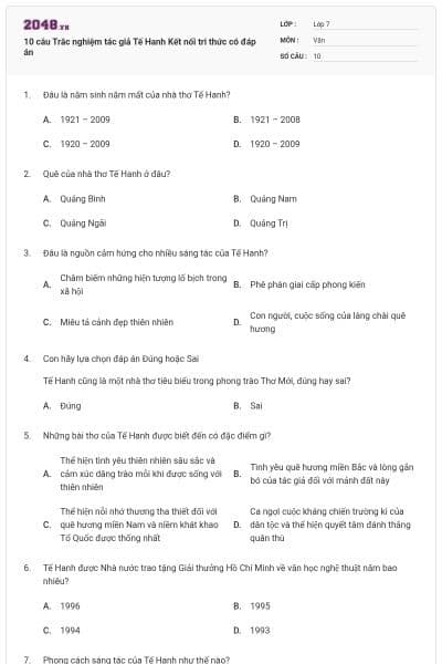 10 câu Trắc nghiệm tác giả Tế Hanh Kết nối tri thức có đáp án