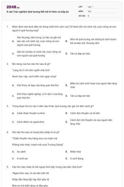8 câu Trắc nghiệm Quê hương Kết nối tri thức có đáp án