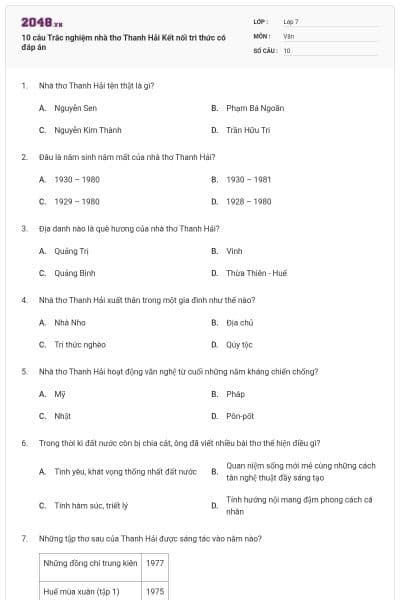 10 câu Trắc nghiệm nhà thơ Thanh Hải Kết nối tri thức có đáp án