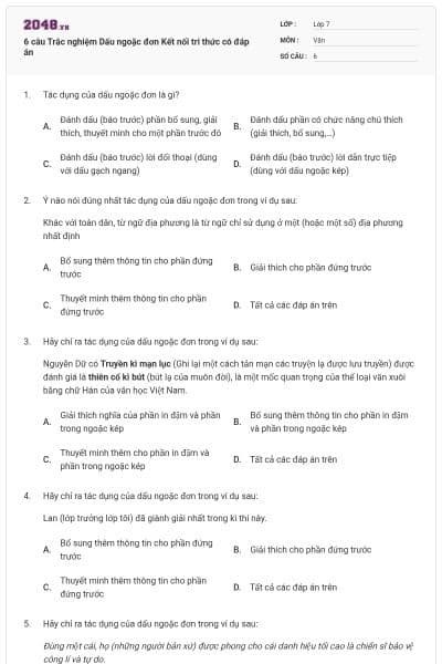 6 câu Trắc nghiệm Dấu ngoặc đơn Kết nối tri thức có đáp án