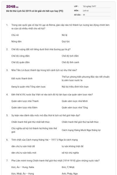 Đề thi thử Lịch Sử 2019 có lời giải chi tiết cực hay (P5)