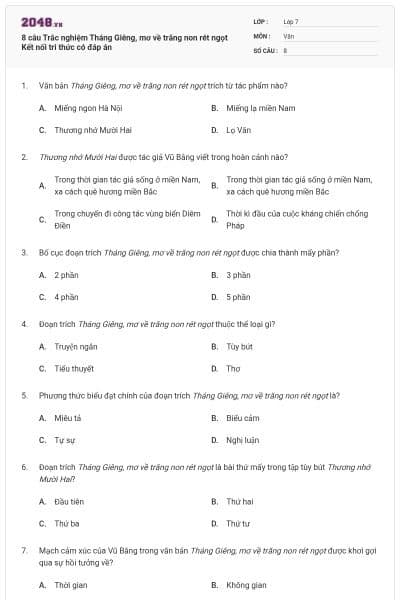 8 câu Trắc nghiệm Tháng Giêng, mơ về trăng non rét ngọt Kết nối tri thức có đáp án