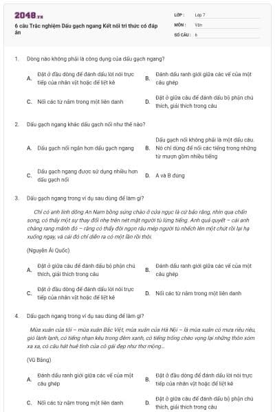 6 câu Trắc nghiệm Dấu gạch ngang Kết nối tri thức có đáp án