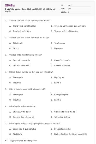 8 câu Trắc nghiệm Con mối và con kiến Kết nối tri thức có đáp án