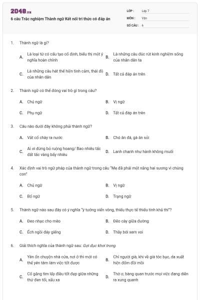 6 câu Trắc nghiệm Thành ngữ Kết nối tri thức có đáp án