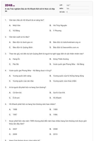 8 câu Trắc nghiệm Dấu ấn Hồ Khanh Kết nối tri thức có đáp án