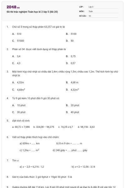 Đề thi trắc nghiệm Toán học kì 2 lớp 5 (Đề 20)