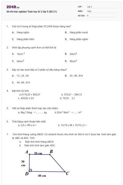 Đề thi trắc nghiệm Toán học kì 2 lớp 5 (Đề 21)